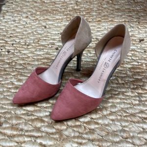 Color block suede d’Orsay heels.